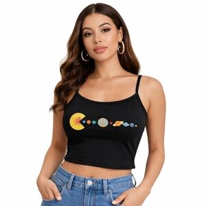 Pac-Man Eating Planets Black Cropped Graphic Tank Top Shirt
